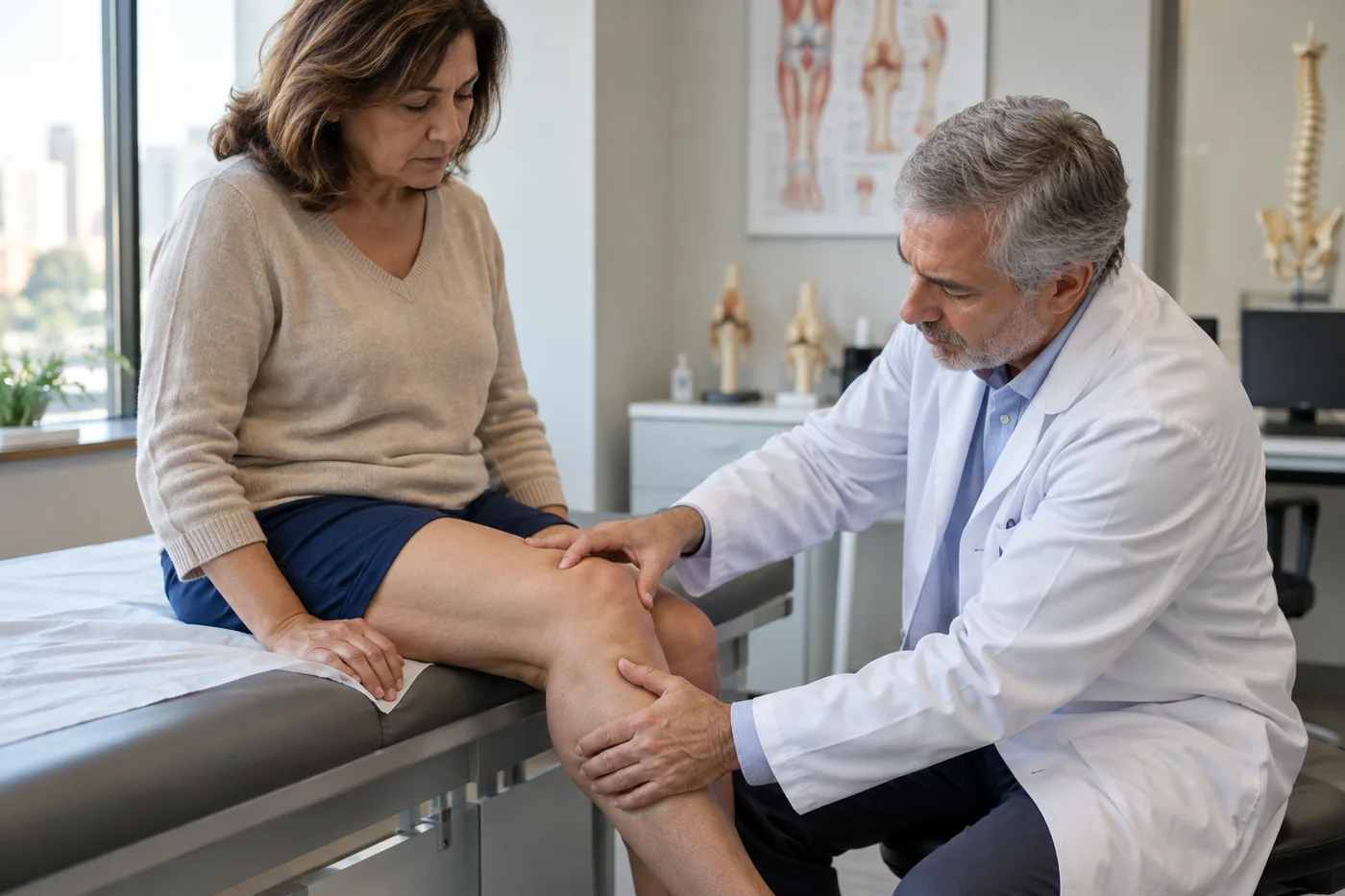 Médico examinando o joelho de uma paciente