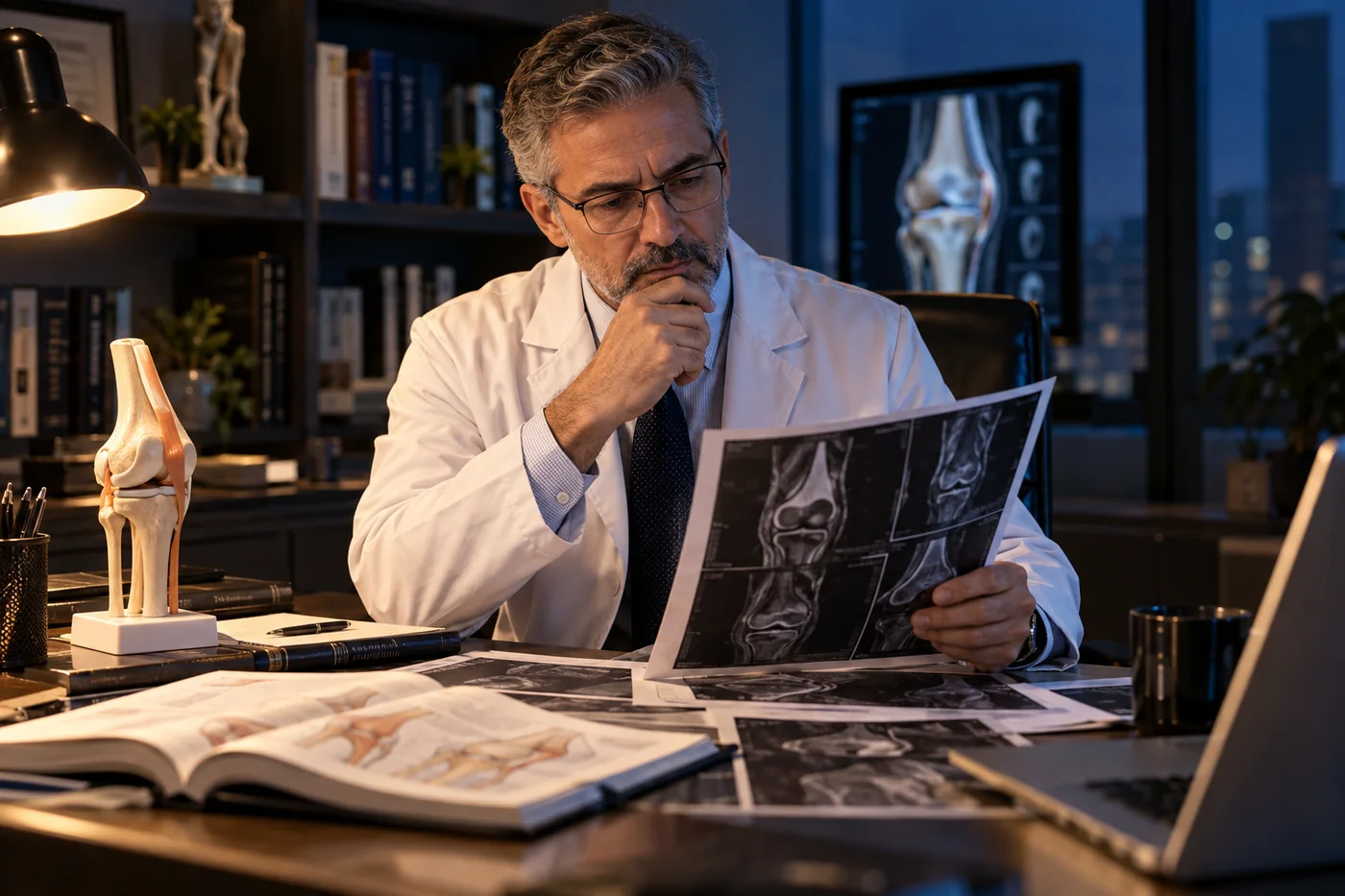 Médico pesquisando exames e estudos sobre o joelho